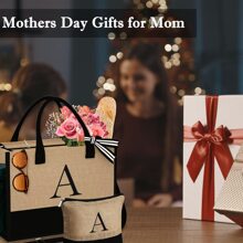 Initial Tote Bag For Women Jute Tote Bag With Makeup Bag Beach Tote Bag With Zipper Adjustable Strap Graduation Birthday Travel Vacation Gifts For Women Girls