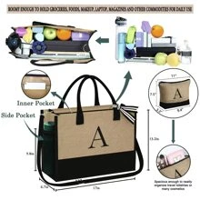 Initial Tote Bag For Women Jute Tote Bag With Makeup Bag Beach Tote Bag With Zipper Adjustable Strap Graduation Birthday Travel Vacation Gifts For Women Girls