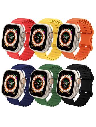 6入組海洋系列運動錶帶，適用於Apple Watch系列Ultra 9 8 7 6 5 4 3 2 1 SE，尺寸有49mm、45mm、44mm、42mm、41mm、40mm、38mm，適合男女，使用柔軟耐水的矽膠材質製作，提供錶帶和錶扣，方便更換。