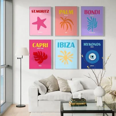 6 pièces/ensemble Illustration de voyage minimaliste d'Ibiza, Mykonos et Capri, symboles du pays, peinture d'art de mode, imprimée sur toile, pour salon, chambre à coucher, bureau, décoration de la maison