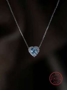 1pc High Quality S925 Sterling Silver Heart Pendant Necklace With Zirconia, Elegant Daily Accessory For Women