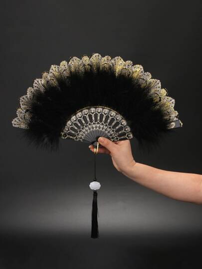 1pc Women Feather & Tassel Decor Chinese Style Folding Fan For Stage Elegant Halloween