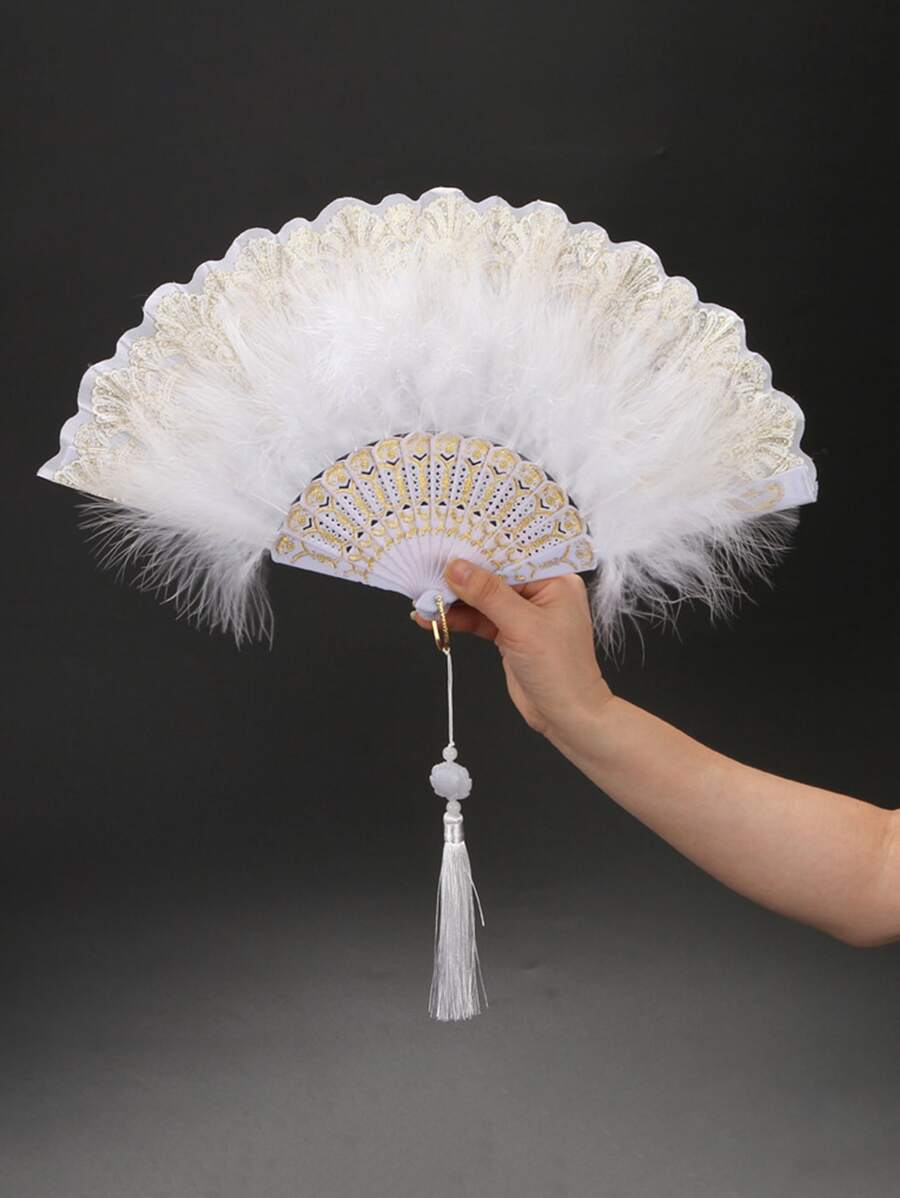 1pc Women Feather & Tassel Decor Chinese Style Folding Fan For Stage Elegant Halloween - White - View 1