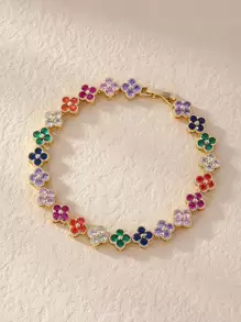 1pc Colorful Fashionable Luxury Floral Zirconia Bracelet - Horizontal and Vertical Link - View 14