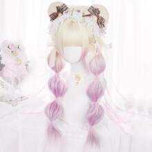 合成長波浪紫色和粉色洛麗塔假髮,適用於女性角色扮演,帶有瀏海,可承受高溫,適用於萬聖節和聖誕節 - 淺粉色 - 查看 5