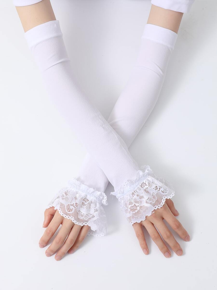 Ruffle Trim Fingerless Gloves - White - View 1