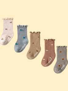 5雙嬰兒襪子帶防滑凝膠和蘑菇下擺適合春天和秋天