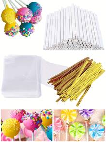 300pcs, Cake Pop Sticks Wrappers Kit, Paper Lollipop Sticks, Clear Candy Treat Bags Parcel, Golden Twist Ties For Cake Pop, Lollipop, Hard Candy, Suckers Supplies, Chocolate Supplies School Supplies Food Bag Food Box Suitable For Candy Chocolate Cookies Etc.