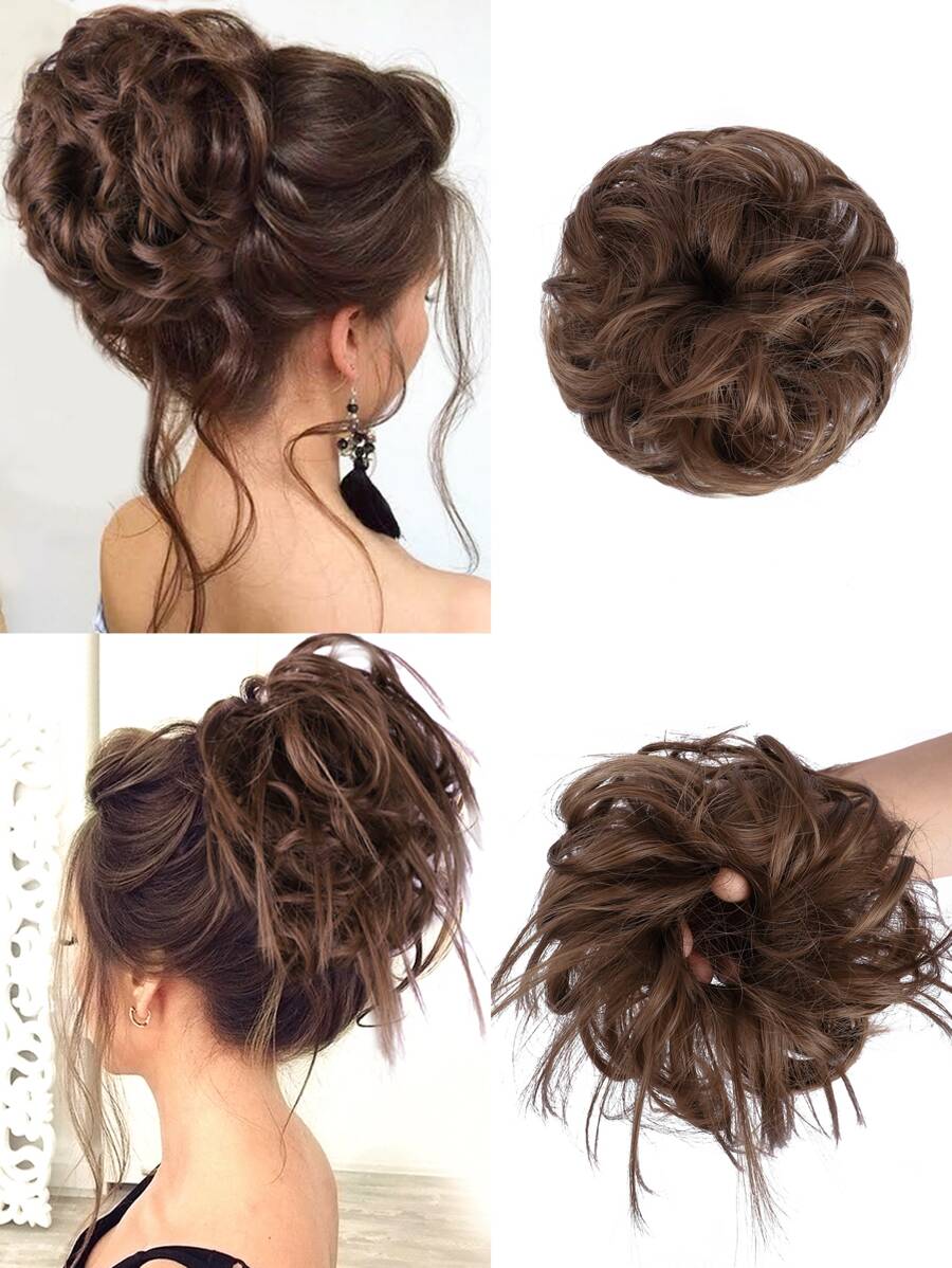 2入組凌亂髮髻假髮女式接發馬尾辮帶彈性橡皮筋長髻凌亂假髮髮飾套裝女式（淺棕色） - Light Brown - 查看 1