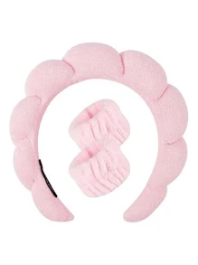 1 套毛巾布发带、海绵发夹、扭云发饰、洗脸头带、腕带、防潮套和护腕家居浴室装饰 - 粉色 - 查看 1