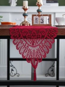 1入組花卉桌旗，復古風格滌綸方形帶蕾絲和刺繡網罩，適用於餐桌、電視櫃、咖啡桌等家居裝飾 - 酒紅色 - 查看 5