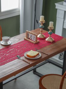 1入組花卉桌旗，復古風格滌綸方形帶蕾絲和刺繡網罩，適用於餐桌、電視櫃、咖啡桌等家居裝飾 - 酒紅色 - 查看 6