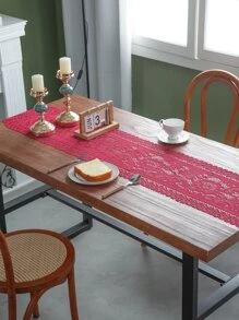 1入組花卉桌旗，復古風格滌綸方形帶蕾絲和刺繡網罩，適用於餐桌、電視櫃、咖啡桌等家居裝飾 - 酒紅色 - 查看 8