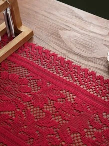 1入組花卉桌旗，復古風格滌綸方形帶蕾絲和刺繡網罩，適用於餐桌、電視櫃、咖啡桌等家居裝飾 - 酒紅色 - 查看 4