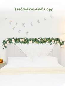 1入組白牡丹和常春藤藤帶2入組掛鉤，婚禮裝飾人造花壁掛花環，帶有茂密玫瑰葉和逼真茶花 - 白色 - 查看 6