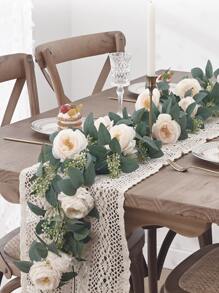 1入組白牡丹和常春藤藤帶2入組掛鉤，婚禮裝飾人造花壁掛花環，帶有茂密玫瑰葉和逼真茶花 - 白色 - 查看 1