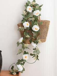 1入組白牡丹和常春藤藤帶2入組掛鉤，婚禮裝飾人造花壁掛花環，帶有茂密玫瑰葉和逼真茶花 - 白色 - 查看 5