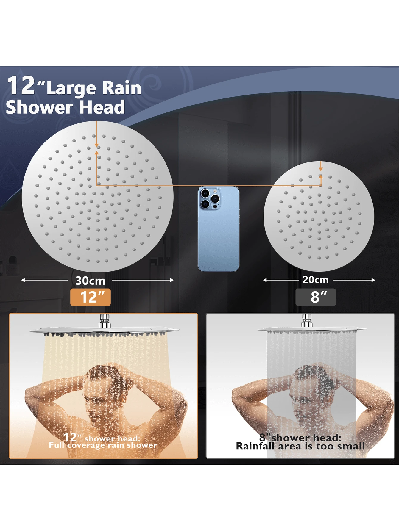 1 Set 12 pulgadas lluvia Alcachofa de ducha Set con redondo Alcachofa de ducha , actualizado 12 pulgadas ajustable curvo extensión brazo con 6 modos alta presión de mano Alcachofa de ducha con incorporado poderoso función combinación , cromado con antifugas - Plateado - Ver 5