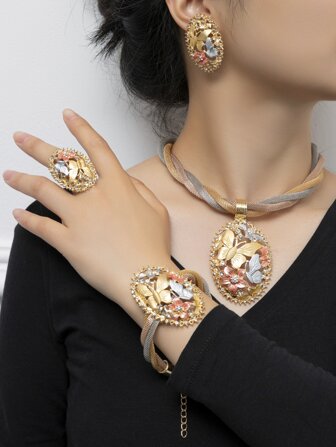 5入組別緻彩色蝴蝶形狀裝飾女士首飾套裝,時尚配件