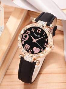 2入組女士優雅時尚心鑽石英語手錶和一心手環 - 黑色 - 查看 2