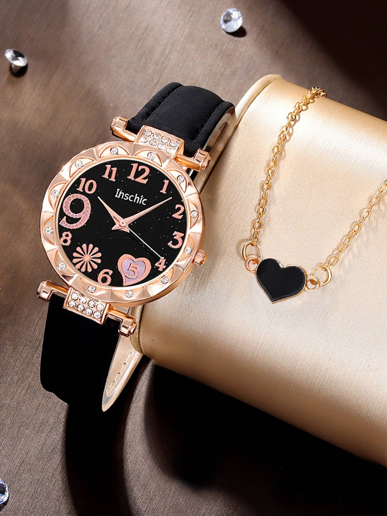 2入組女士優雅時尚心鑽石英語手錶和一心手環 - 黑色 - 查看 1