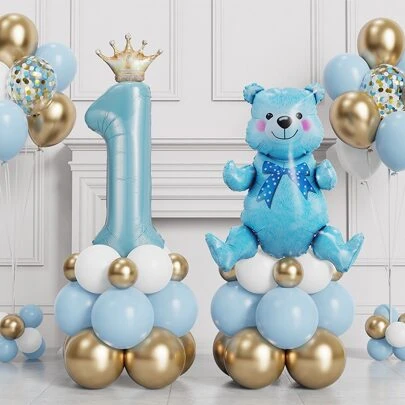 45pcs/Set Crown Shape & No.1 Balloon Combo, Blue Color Balloon, 1st Birthday Party, Baby Shower, Gift Decoration, Christmas