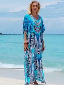 Tropical Print Caftan Batwing Sleeve Split Thigh Cover Up House Dress Summer - Multicolor - View 4