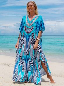 Tropical Print Caftan Batwing Sleeve Split Thigh Cover Up House Dress Summer - Multicolor - View 7