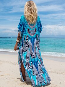 Tropical Print Caftan Batwing Sleeve Split Thigh Cover Up House Dress Summer - Multicolor - View 8