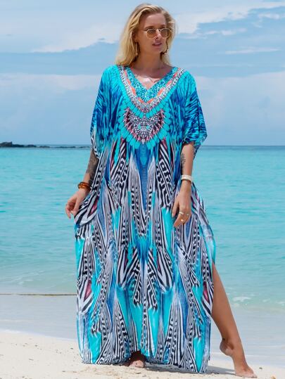 Tropical Print Caftan Batwing Sleeve Split Thigh Cover Up House Dress Summer