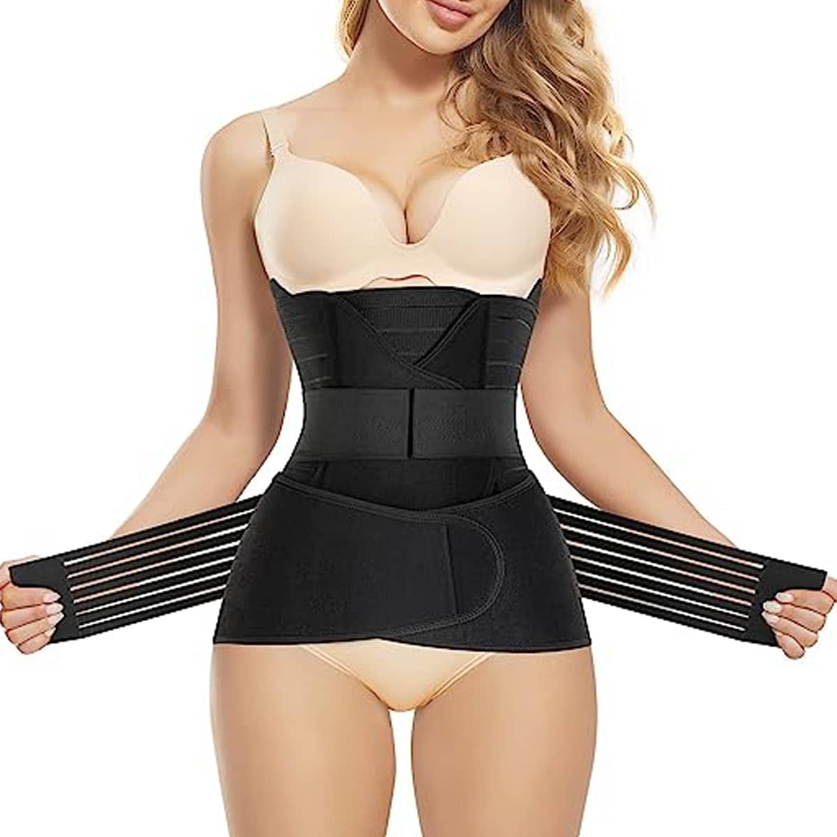 Conjunto de 3 piezas de faja de abdomen posparto con cinturón ajustable universal para mujeres embarazadas después del parto natural o cesárea, deportes - Negro - Ver 1