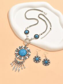 1set Retro Bohemian Style Turquoise Inlay Flower Pendant Long Tassel Earrings Necklace Set Valentines,Mom,Mother,Mother's Day,Gift - Blue - View 4
