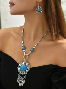 1set Retro Bohemian Style Turquoise Inlay Flower Pendant Long Tassel Earrings Necklace Set Valentines,Mom,Mother,Mother's Day,Gift - Blue - View 2