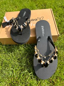 女士水鑽裝飾人字拖,魅力四射人字拖 - 黑色 - 查看 6