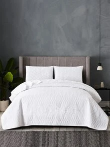 3pcs White Diamond Pattern Bedding Set Including 1 Bedspread And 2 Pillow Covers, Simple Modern Style Polyester Stitching Jacquard Bedspread Set, Suitable For Bedroom Home - White - View 1
