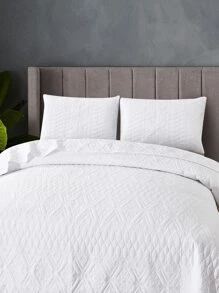 3pcs White Diamond Pattern Bedding Set Including 1 Bedspread And 2 Pillow Covers, Simple Modern Style Polyester Stitching Jacquard Bedspread Set, Suitable For Bedroom Home - White - View 3