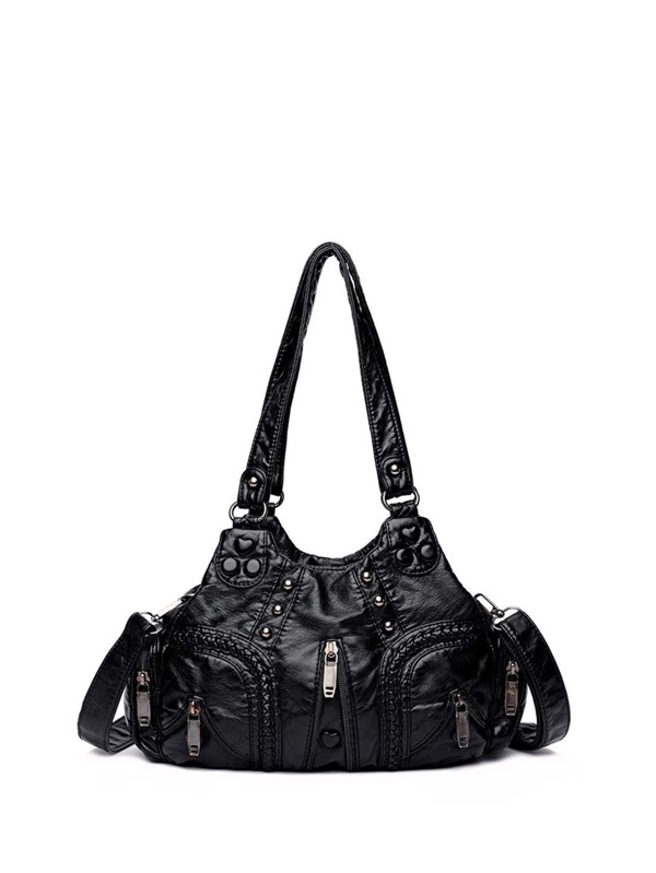 Fashionable Black Solid Color Pu Leather Women's Shoulder Bag With Rivets, Casual Style, Eye-Catching Work Bags For Women
