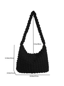 格紋褶皺紋理時尚女士單肩包 - 黑色 - 查看 4