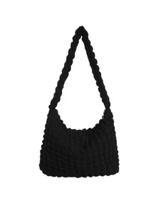 格紋褶皺紋理時尚女士單肩包 - 黑色 - 查看 2