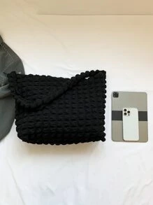 格紋褶皺紋理時尚女士單肩包 - 黑色 - 查看 5