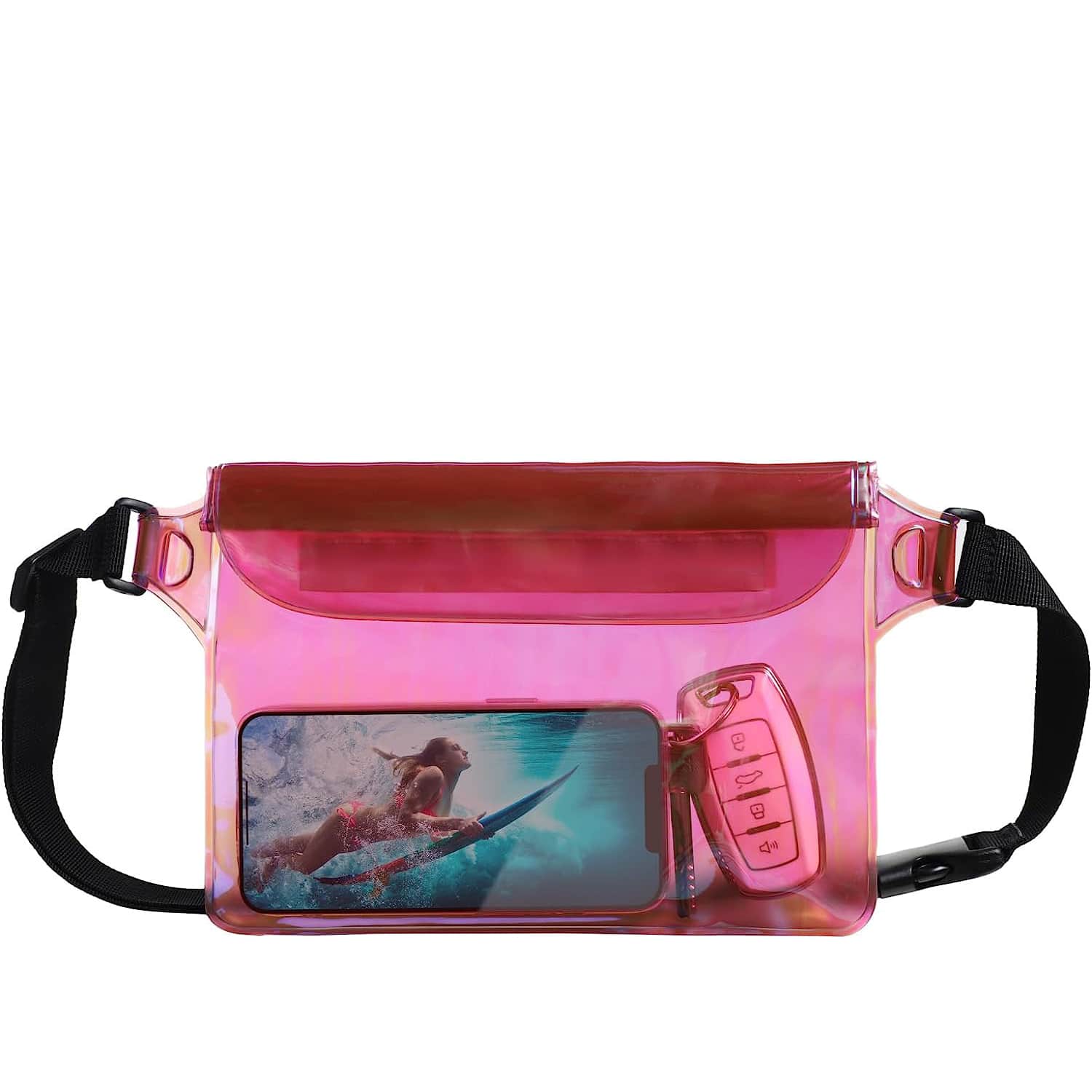 带腰带的防水袋 - 防水腰包 - 防水手机袋 - 沙滩配件 - 干燥袋，用于在冲浪、皮划艇、划船、钓鱼、漂流、游泳等水上活动中保存您的贵重物品。PVC 防水袋和粉色沙滩斜挎包 - 粉色 - 查看 1