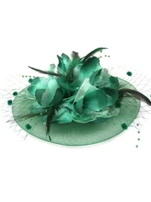 婚禮帽復古網紗花和羽毛圖案頭髮配飾迷人帽夾頭巾 - 綠色 - 查看 3