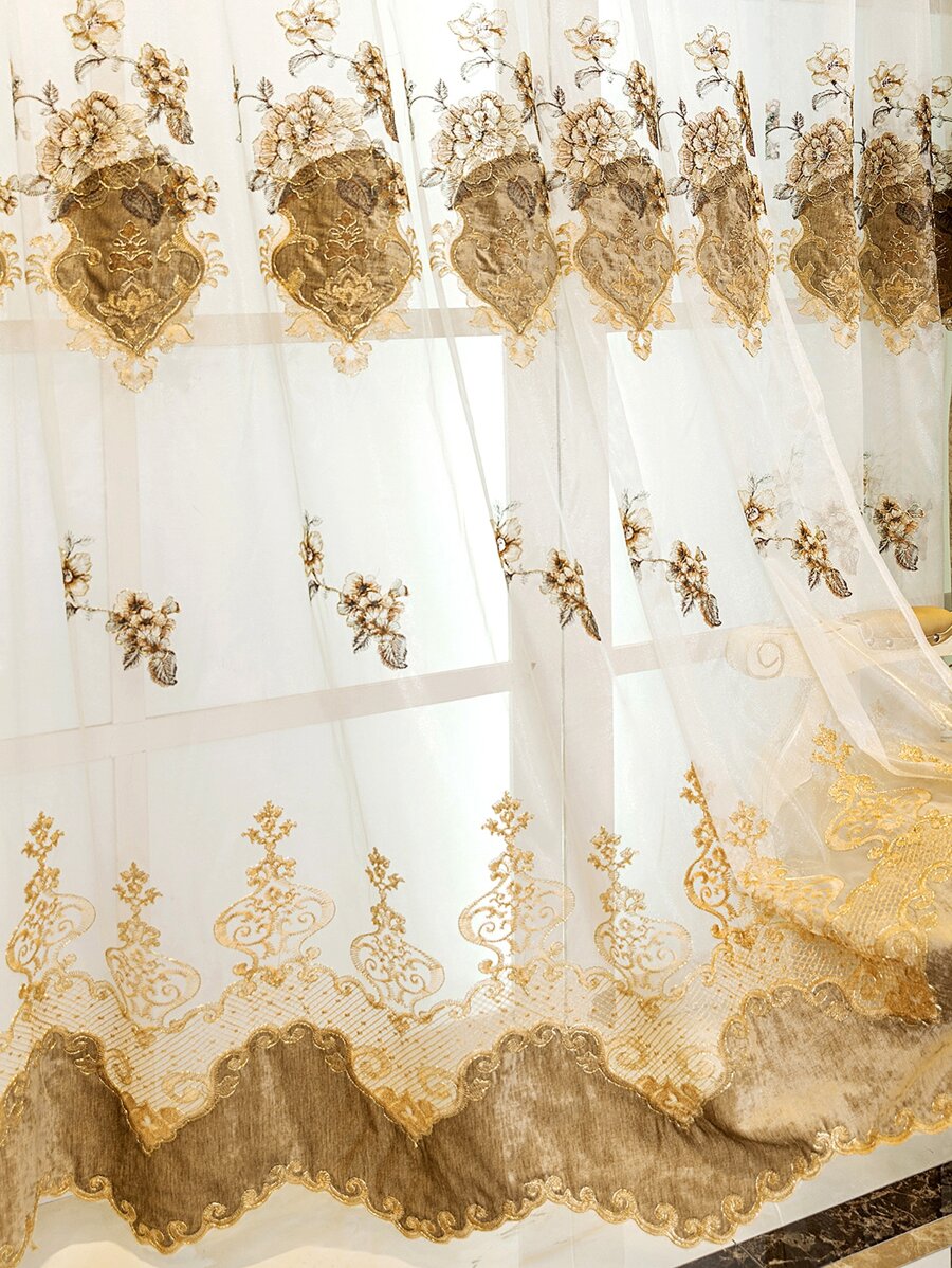 1入組咖啡顏色花卉刺繡窗簾,歐式風奢華窗戶薄透適用於客廳,臥室,門裝飾用品 - 咖啡棕 - 查看 1