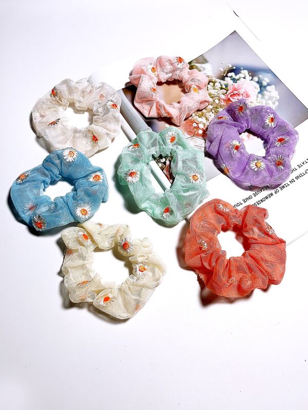 7pcs Floral Embroidery Mesh Style Fashionable Everyday Use Hairbands For Summer