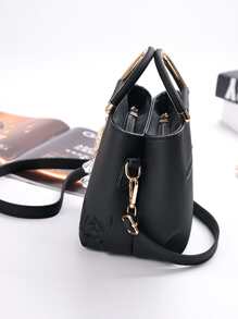 Elegant Quilted Detail Handbag, Fashionable Double Handle Work Bag Faux Leather Women's Shoulder Bag Tote Shoulder Crossbody Bag , Office Bag - Black - View 5