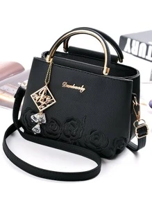 Elegant Quilted Detail Handbag, Fashionable Double Handle Work Bag Faux Leather Women's Shoulder Bag Tote Shoulder Crossbody Bag , Office Bag - Black - View 2