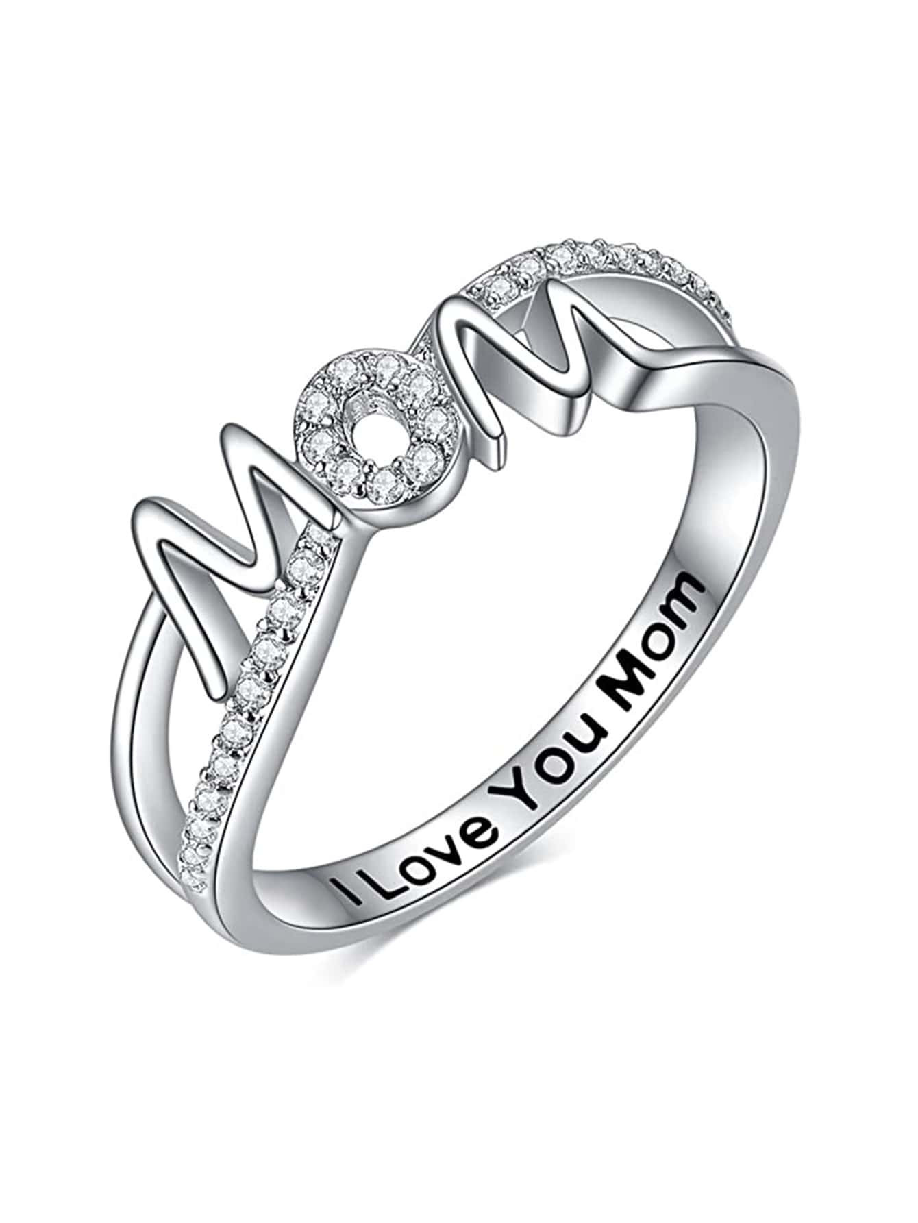 1 pieza elegante zirconia cúbica mamá Anillo para mujeres para Día de la Madre regalo fiesta de aniversario Bisutería - Plateado - Ver 1