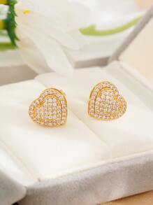 1 đôi Đơn giản & Dễ thương & Linh hoạt Mini Kim Cương Đầy Đủ Hai lớp Hình trái tim Bông tai stud Đối với phụ nữ - Vàng - Xem 1