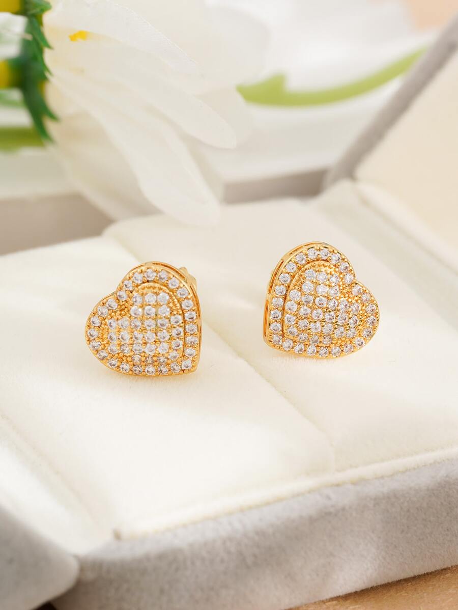 1 đôi Đơn giản & Dễ thương & Linh hoạt Mini Kim Cương Đầy Đủ Hai lớp Hình trái tim Bông tai stud Đối với phụ nữ - Vàng - Xem 1