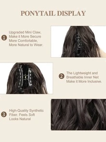 nimoki 马尾辫延长爪短而厚的波浪卷发下颌夹假马尾假发柔软自然的女士合成假发（深棕色） - Dark Brown - 查看 3